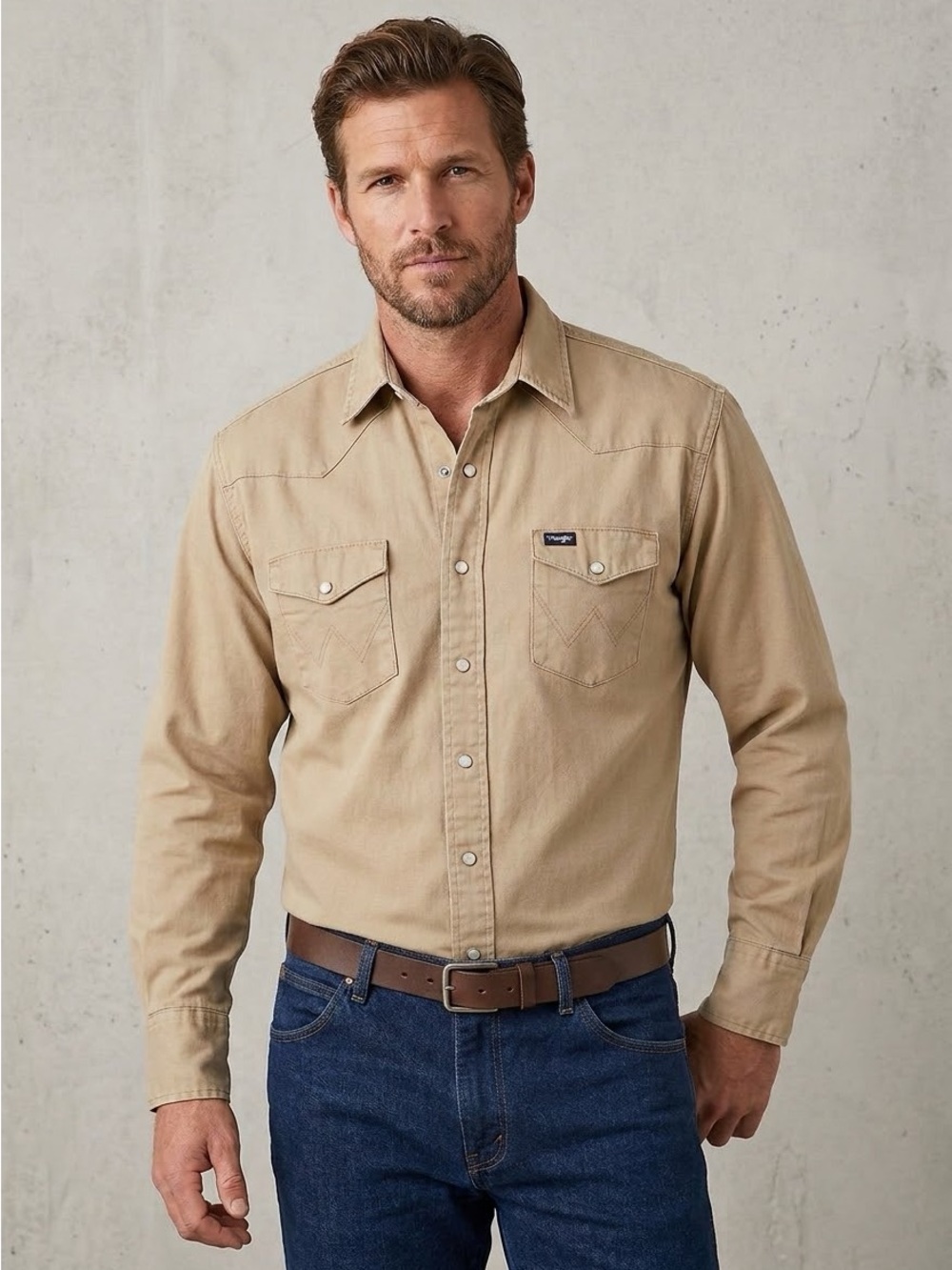 Wrangler Men's Tan Western Pearl Snap Button-Down Shirt Large